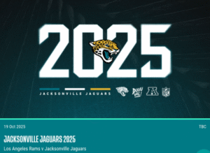 Promotional graphic for the NFL London 2025 game between the Jacksonville Jaguars and the Los Angeles Rams at Wembley Stadium.
