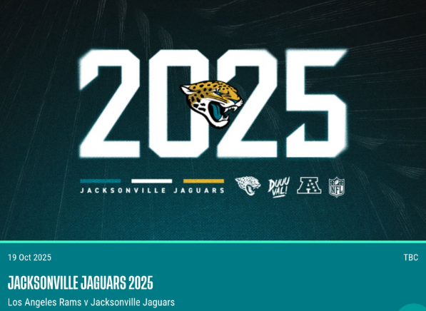 Promotional graphic for the NFL London 2025 game between the Jacksonville Jaguars and the Los Angeles Rams at Wembley Stadium.